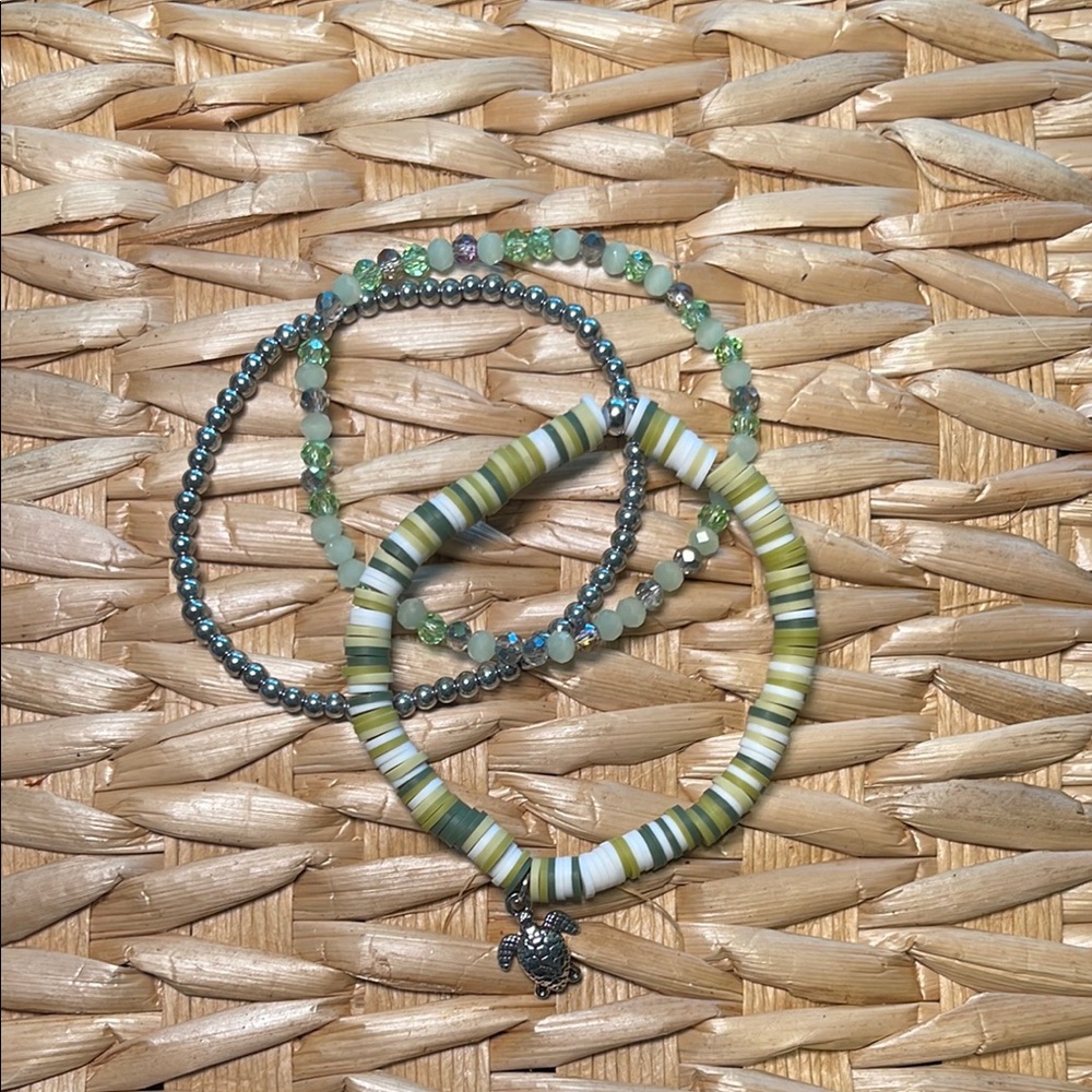 Green Beaded Bracelet Set with Turtle Charm